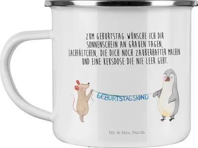Produktbild von Mr. & Mrs. Panda Teetasse Maus Pinguin Geburtstag - Weiß - Geschenk, Happy Birthday, Party, Pott, Haferl, Emaille Tasse, Geburtstage, Becher, Teebecher