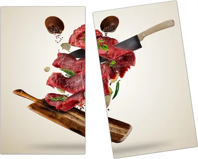 Produktbild von Spritzschutz Herdabdeckplatte Schneidebrett aus Glas Holzbrett und Fleisch 2-Teilig (60x52cm)