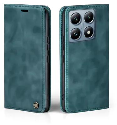 A teal-colored flip case for a smartphone is shown from the front and back.
