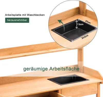 Produktbild von MCombo Pflanztisch Gärtnertisch Blumentisch mit Waschbecken Ablage Natur 0458