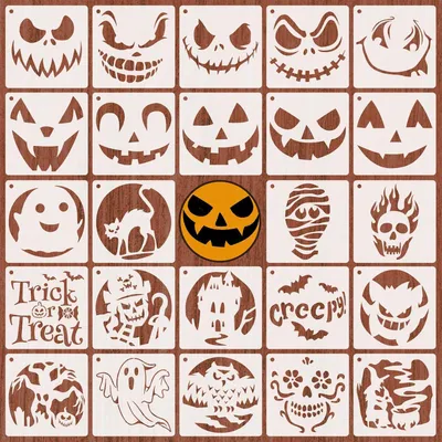 Produktbild von 24 Halloween-Schablonen (13 x 13 cm) für Kinder – wiederverwendbar zum Bemalen von Holz, Wänden, Scrapbooking, Fenstern und Karten