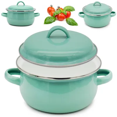 Zdjęcie produktu dla Rondelek z Uchwytami i Pokrywką 1,3L Seledynowy Garnuszek Emaliowany 16cm