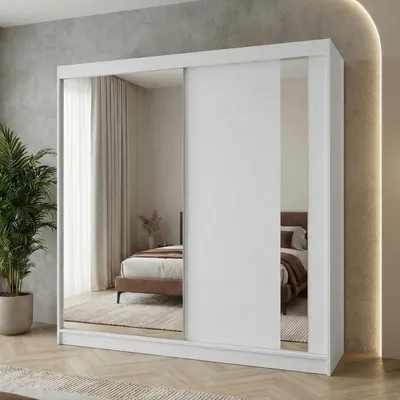 Produktbild von Beautysofa GAJA Schwebetürenschrank 200 cm mit Spiegel, Kleiderschrank 2-türig, Schlafzimmer Schrank modern, Weiß/Weiß ohne Schubkasteneinsätze