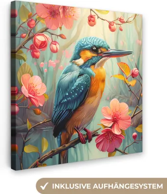 Produktbild von MuchoWow® - Leinwandbilder - Eisvogel - Blüte - Natur - Vögel - Blumen, Wandbild, Wanddeko Bilder Wohnzimmer, 20x20 cm