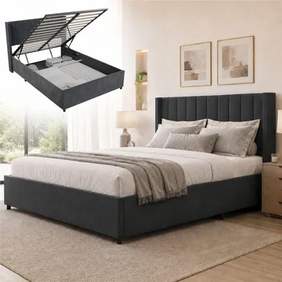 Produktbild von Juskys Polsterbett Savona 140x200 cm - Bett mit Stauraum, Lattenrost, Samt-Bezug - Bettgestell aus Holz, bis 250 kg, großes Kopfteil - Dunkelgrau