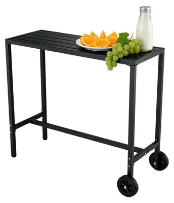 Image de Table de bar sur roulettes - Table haute d'environ 100 cm de hauteur - Plateau en métal étanche - Structure en bois - Roulettes et pieds réglables - Noir