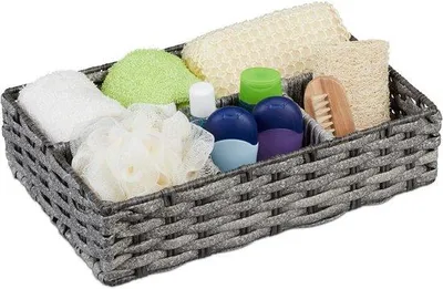 Productafbeelding van Opbergmand voor badkamer - 4 vakken - klein - gevlochten - kunststof - zonder deksel - Afmetingen: 8 x 31 x 21 cm - zwart