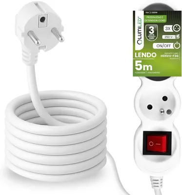 Produktbild von LUMILED Steckdosenleiste mit ON/OFF Schalter 3-Fach Steckdose Typ E, 5m Kabel H05VV-F3G, Weiß, Mehrfachsteckdose E Stecker 10A 2300W 250V IP20 Halterung zum Aufhängen