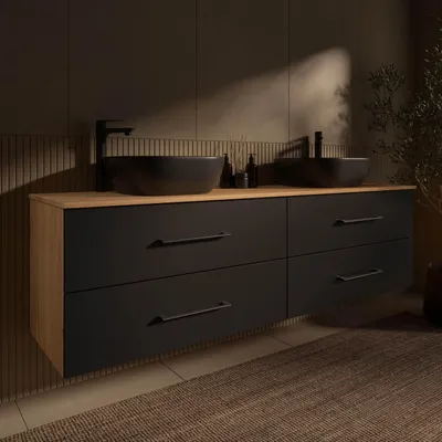 Produktbild von Planetmöbel LUX Badmöbel-Set Waschtisch mit Unterschrank 180 cm hängend Gold Eiche/Anthrazit & 2 Aufsatz-Waschbecken 42 cm Schwarz