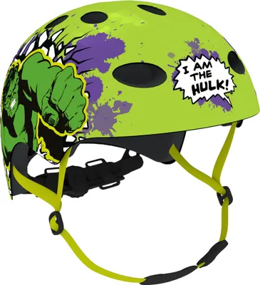 A green Hulk-themed bicycle helmet for boys.