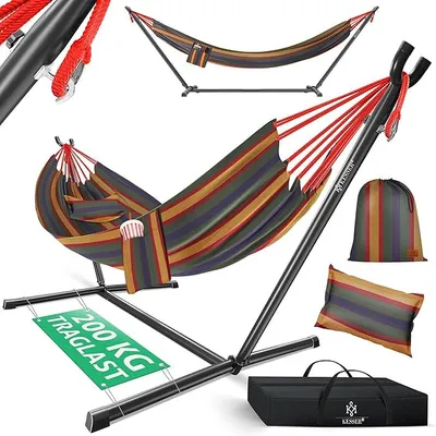 Produktbild von Hängematte Lake mit Gestell, Doppel für 2 Personen, 200kg Belastbarkeit, Indoor & Outdoor, XXL Hängesessel, Garten, Pool, Balkon, Terrasse, Inkl. Kissen, Beutel & Tasche, Bunt