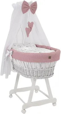 Imagen del producto de Cuna de mimbre Wiklinopol con dosel y estructura Lena – Cesta para bebé (tipo moisés) en blanco, juego completo con 5 piezas de ropa de cama con estampado de circo – Con ruedas, portátil, segura