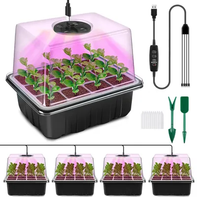 A set of four mini greenhouses with grow lights, along with gardening tools and accessories, are displayed against a white background.