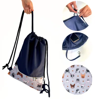 Produktbild von Beutelrucksack wasserdichte Gymbag, Sportbeutel, Turnbeutel DOTTY – Marineblau mit gemusterter Tasche im Tierdesign - Bulldoggen, Mopsen