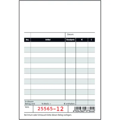 Produktbild von SIGEL KC620 Kassenblock, mit Additionsblatt, Recyclingpapier, fortlaufend nummeriert, 1. und 2. Blatt bedruckt, 100x165 mm, mit Blaupapier, 2 x 50 Blatt