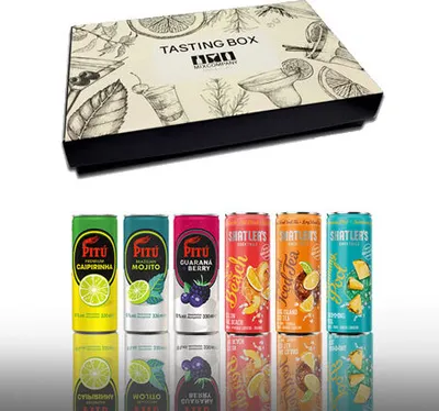 Produktbild von Cocktail 6er Tasting Box - 3x Pitu je 330ml (10% Vol) + 3x Shatlers je 250ml (10,1% Vol) Ready to Drink Cocktail Probierset Geschenk Set mit Caipirinha Guarana Berry Mojito Long Island Iced Tea Sex on the Beach Swimmingp