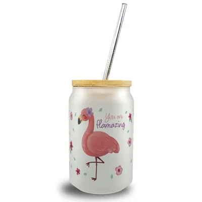 Produktbild von Flamingo Trinkglas mit Bambusdeckel mit Spruch You are flamazing