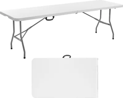 A white folding table is shown in two views: unfolded and folded.