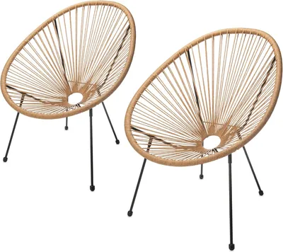 Two beige Acapulco chairs with black metal legs on a white background.