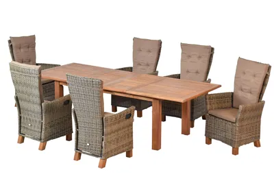Produktbild von Merxx Gartenmöbel Set 13tlg., 6 Hochlehner Sessel, 6 Auflagen, Doppelausziehtisch 180 (220/260) x 100 cm  - Aluminium/Polyrattan/Akazie