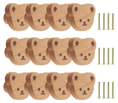 Image de Lot de 12 boutons en bois en forme d'ours pour meubles