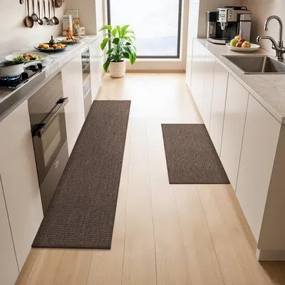 Image de Tapis de cuisine antidérapants, lot de 2, 43 x 75 cm + 43 x 150 cm, lavables, marron