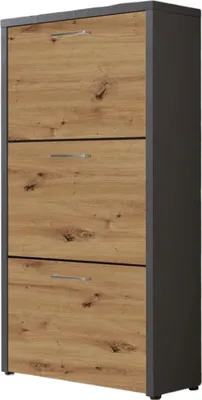 Produktbild von Schuhkipper / Schuhschrank LYON, anthrazit / Artisan Eiche Nb., 3 Klappen, Metallgriffe, (BxHxT) 61x115x25 cm