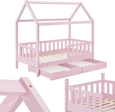 Produktbild von Juskys Kinderbett Marli 80 x 160 cm - Bettkasten, Gitter, Lattenrost & Dach - Holz Rosa