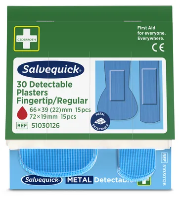 Produktbild von Salvequick 51030126 Blue Detectable Fingerkuppen-/Standardpflaster, 6 x 30 Stück (180 Pflaster)