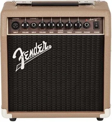 A Fender Acoustasonic 15 acoustic guitar amplifier is shown from the front.
