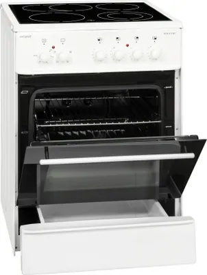 A white freestanding electric cooker with the oven door open and a storage drawer pulled out.