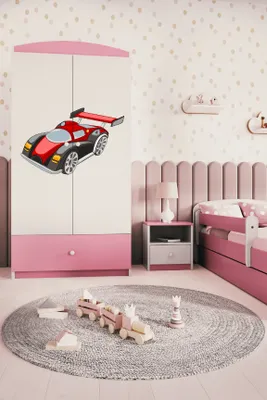 Produktbild von Kinderkleiderschrank Babydreams Drehtürenschrank Kleiderschrank Rennwagen Hellrosa