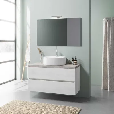 Immagine prodotto di Mobile sottolavabo bagno 100cm rovere bianco e beton, lavabo a ciotola | Elba