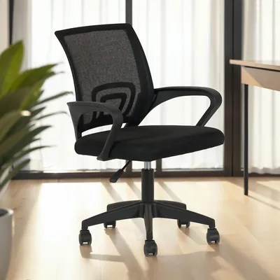 Produktbild von Bürodrehstuhl JAKE höhenverstellbar mit Armlehnen in schwarz. Ergonomischer Schreibtischstuhl mit atmungsaktivem Mesh-Bezug. Drehstuhl mit Rollen für harte & weiche Böden.