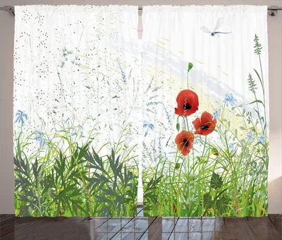 Produktbild von ABAKUHAUS Blumen Rustikaler Gardine, Rote Mohnblumen-Libelle, Schlafzimmer Kräuselband Vorhang mit Schlaufen und Haken, 280 x 245 cm, Grün Rot