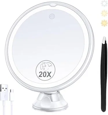 Produktbild von 2024 Verbesserter wiederaufladbarer Vergrößerungsspiegel mit Licht, 20-Fach beleuchteter Make-up-Spiegel, 3-farbige 34 LEDs, 360° drehbarer