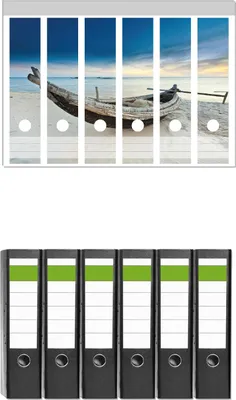 Produktbild von Wallario 6 Stück breite Ordner inkl. Klebeetiketten mit Motive Fischerboot am Strand mit Sonnenuntergang -  Set mit Rückenschildern / Ordnerrücken Stickern