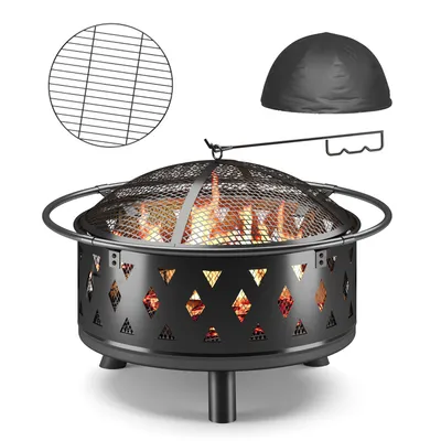 Produktbild von Bealife Ø 76 cm Feuerschale mit Funkenschutz und Schürhaken,Feuerschale für den Garten,BBQ Feuerschale mit Grillrost,Feuerstelle Feuerkorb für Garten