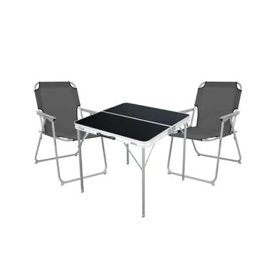 A camping table and two chairs are shown against a white background.