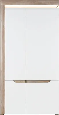 Produktbild von Furniture24 Kleiderschrank Irma IM9 Schrank Wohnzimmerschrank 2 Türiger Drehtürenschrank mit 4 Einlegeboden 2 Kleiderstangen und Led Beleuchtug Eiche/Weiß Hochglanz