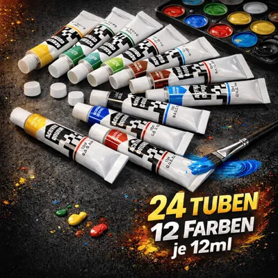 Produktbild von (45,10 EUR/l) Acryl Farben Set 24 Tuben HOCHPIGMENTIERT Farbe Acrylfarben