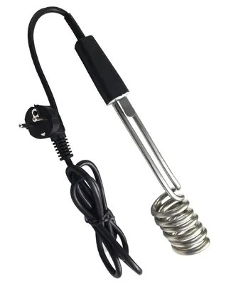 A travel immersion heater with a black cord and plug, shown against a white background.