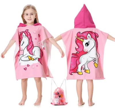 Produktbild von Badeponcho Kinder mit Kapuze Mikrofaser E-rosa Einhorn 85-110 cm