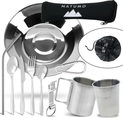 Produktbild von NATUMO® Camping-Geschirr Besteck aus Edelstahl - Rostfreies Besteckset + Becher