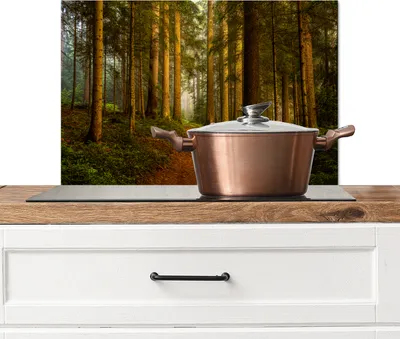 Produktbild von KitchenYeah®  Spritzschutz Küche - Küchenrückwand - Wandschutz für Herd und Spüle - Wald - Natur - Bäume - Landschaft - Laub 70x50 - Alu-Dibond (Alternative zum Spritzschutz aus Glas) - Hitzebeständig