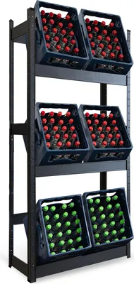 A black metal shelving unit holding crates of bottled drinks.