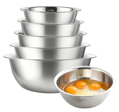 Image de Ensemble de 5 bols à mélanger, en acier inoxydable, avec une capacité de 580/900/1600/2050/2600 ml et des graduations, empilables