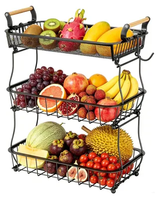Obstkorb 3-stöckig mit Bananenhaltern, schwarz, 45 cm