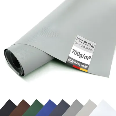 A rolled-up sheet of gray PVC material, likely a tarp or cover, is shown diagonally against a white background. A label with product information is attached to the material.