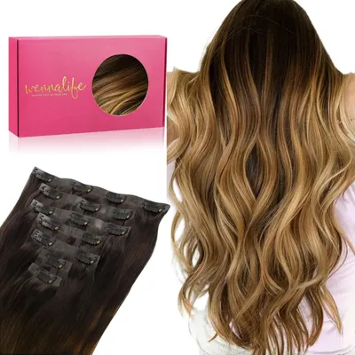 Image de Extensions à clip-on, cheveux naturels, 55 cm, 7 pièces, 150 g, brun foncé avec mèches blondes subtiles